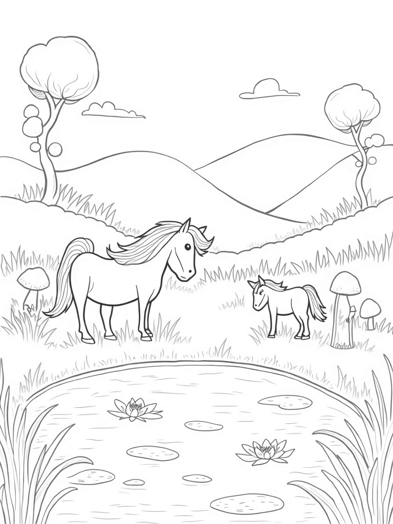 Ponies in a Colorful Meadow with Giant Flowers - Free Printable ...
