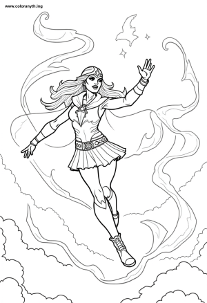 Superheroine in Flight Coloring Page