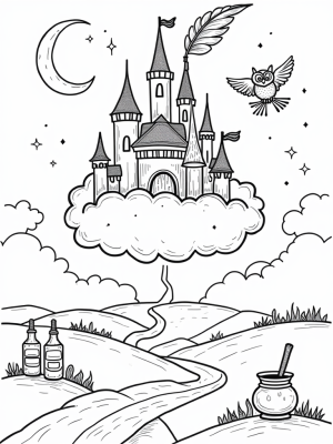 Floating Castle with Book Towers and a Magical Owl
