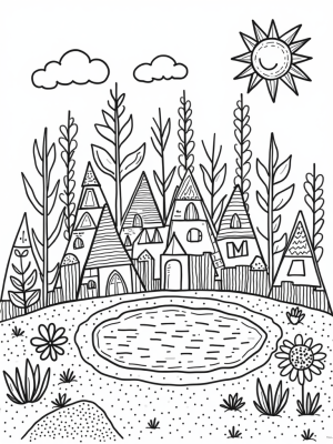 Triangle Village with Colorful Houses and a Sparkling Pond