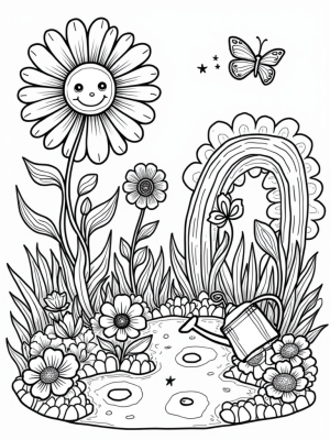 Giant Daisy and Colorful Tulip Rainbow in a Flower Garden