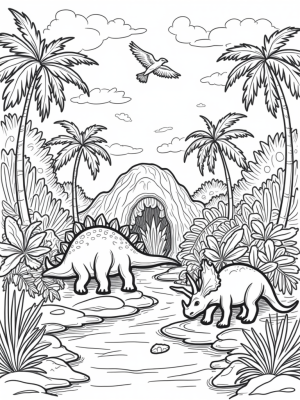 Prehistoric Jungle with Stegosaurus and Triceratops
