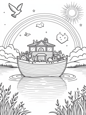 Colorful Ark with Playful Animals and Rainbows
