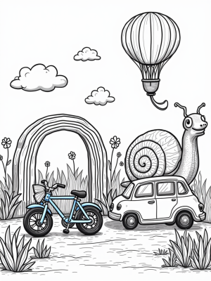 Garden of Whimsical Vehicles with Flowers and a Snail