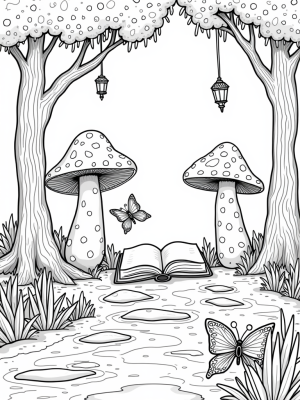 Magical Forest Clearing with Giant Mushrooms and a Sparkling Stream