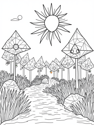 Triangle Garden with Geometric Flowers and a Sunny Tree