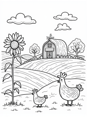 Giant Sunflower and Playful Farm Scene