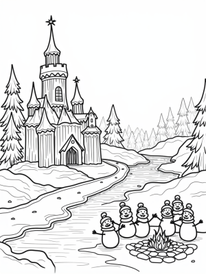 Majestic Ice Castle with Snowmen and Frosted Trees