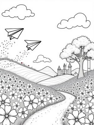 Playful Valley of Giant Flowers and Paper Airplanes