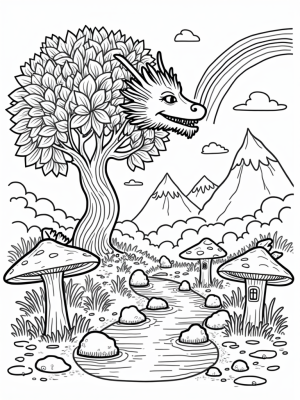 Dragon-Shaped Tree with Colorful Scales and Playful Fish