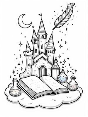 Floating Castle on a Cloud with Magical Spellbook