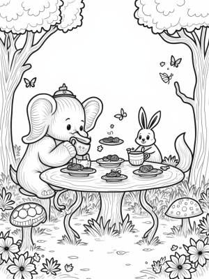 Animal Tea Party in a Forest Clearing