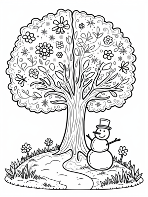 Seasons Tree with Spring Flowers, Summer Sun, Autumn Leaves, and Winter Snowman