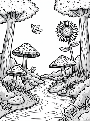 Dreamy Forest Clearing with Oversized Mushrooms and a Sparkling Stream