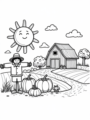 Cheerful Farmyard with Scarecrow and Playful Chicken