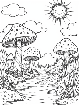 Fantasy Forest Clearing with Colorful Mushrooms and a Spiral Tree