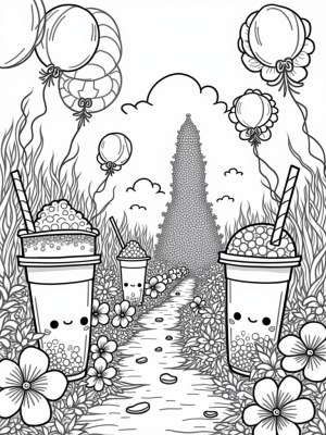Boba Tea Garden with Smiling Cups and Balloon Pearls