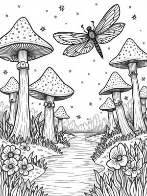 Magical Forest Clearing with Dragonfly and Mushrooms