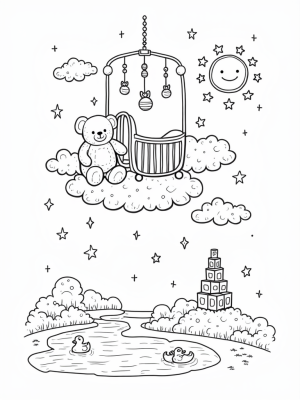 Candy Cane Crib with Teddy Bear and Floating Clouds