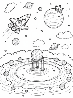 Colorful Planets and a Friendly Rocket in a Whimsical Galaxy
