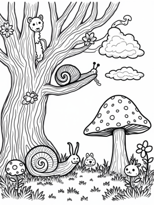 Treetop Animal Village with Playful Rabbits and Friendly Snail