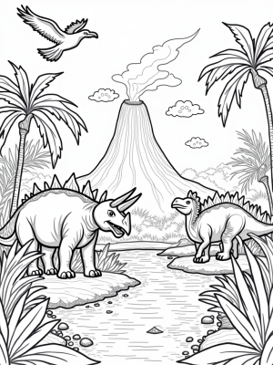 Prehistoric Jungle with Triceratops and Pterodactyl