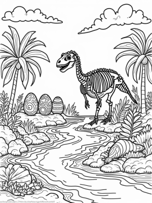 Dinosaur Skeleton in a Lava River Jungle
