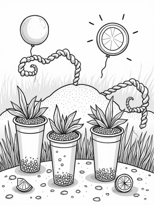 Boba Tea Garden with Floating Fruit Balloons