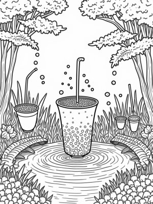 Boba Tea Garden with Colorful Tapioca Waterfalls