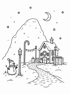 Candy Cane Village with Gingerbread House and Snowman