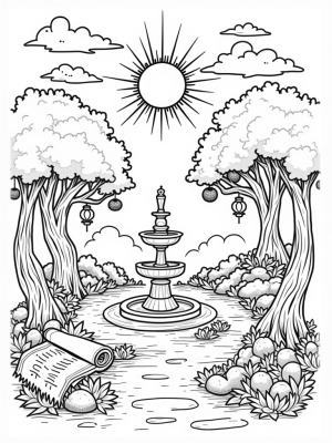 Tranquil Garden with Fish Fountain and Doves