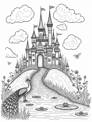 Enchanted Castle with Peacock and Moat
