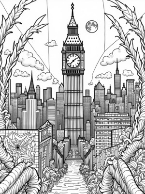 Cityscape Spider Web with Clock Tower