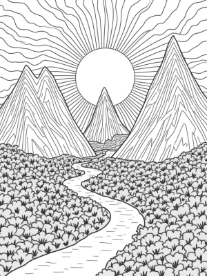 Triangular Landscape with Mountains and Flowers