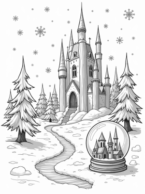 Sparkling Ice Castle with Snowflakes and a Snow Globe