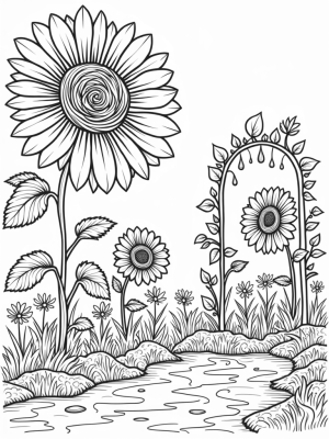 Oversized Flowers and a Towering Sunflower in a Whimsical Garden