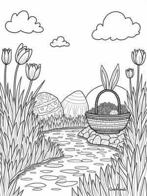 Oversized Eggs and Towering Tulips in a Garden