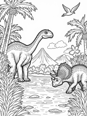 Brontosaurus and Triceratops in a Prehistoric Jungle