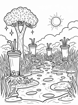 Boba Bubble Tea Garden with Lush Tea Leaf Tree