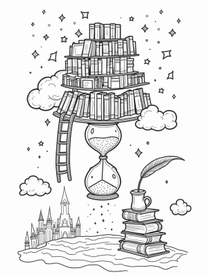 Floating Library with Hourglass and Moonlit Tomes