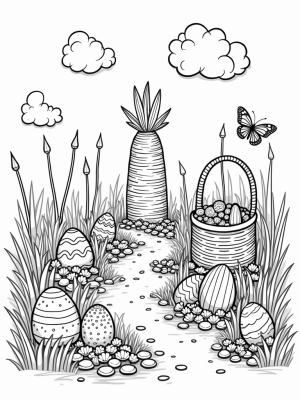 Oversized Eggs and a Carrot Castle in a Flower Garden