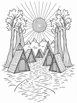 Triangular Forest with Huts and Mountains