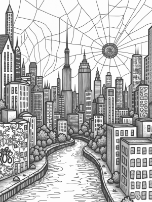 Spider Web City with Clock Tower and Comic Panels