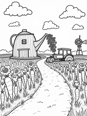 Colorful Farm Landscape with Giant Watering Can Barn