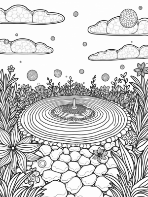 Colorful Circular Garden with Mandala and Fountain