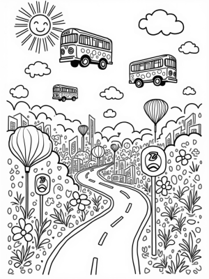 Floating Buses in a Colorful Cityscape