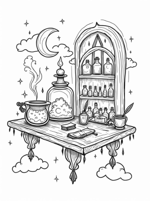 Floating Potion Laboratory with Cauldron and Moonlit Window