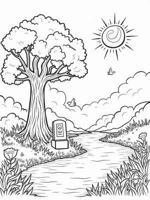 Tranquil Garden with a Towering Tree and Doves