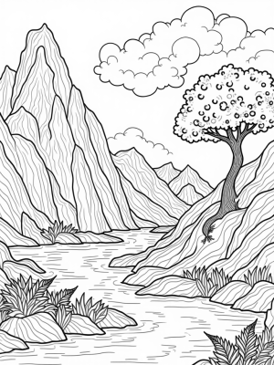 Mystical Mountain Range with Jenga Boulders and Spiraling Clouds