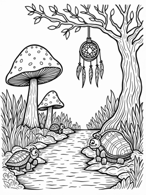 Giant Mushrooms and Turtles in a Forest Glade